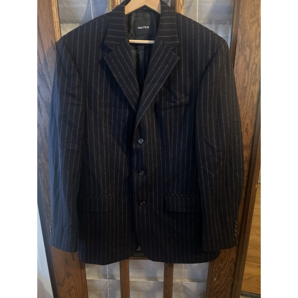 NAUTICA Men's Sz 40L Navy Pin Stripe 100%‎ Wool Sport Coat Jacket Double Vented
